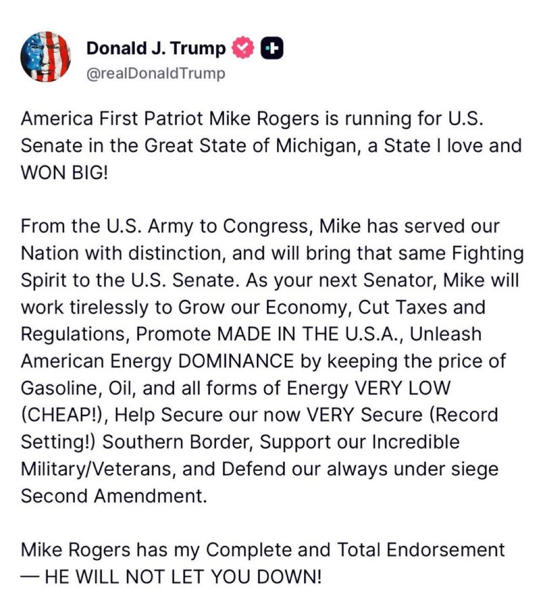 TeamTrump's tweet image. President Trump endorses @MikeRogersForMI for Senate in the GREAT state of Michigan! 🇺🇸