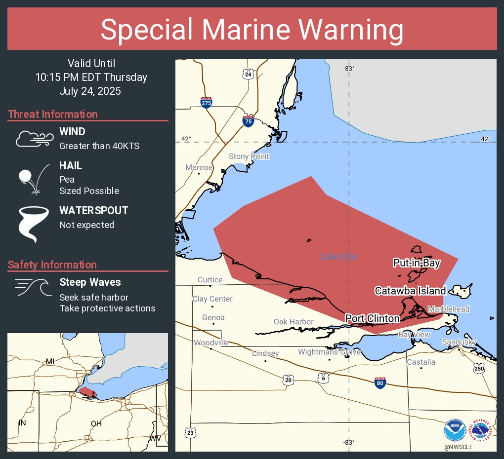 NWSCLE's tweet image. Special Marine Warning including the Reno Beach to The Islands OH, Reno Beach to The Islands OH beyond 5NM off shoreline to US-Canadian border and Detroit River Lt. to Maumee Bay OH to Reno Beach OH beyond 5NM offshoreline to US-Canadian border until 10:15 PM EDT