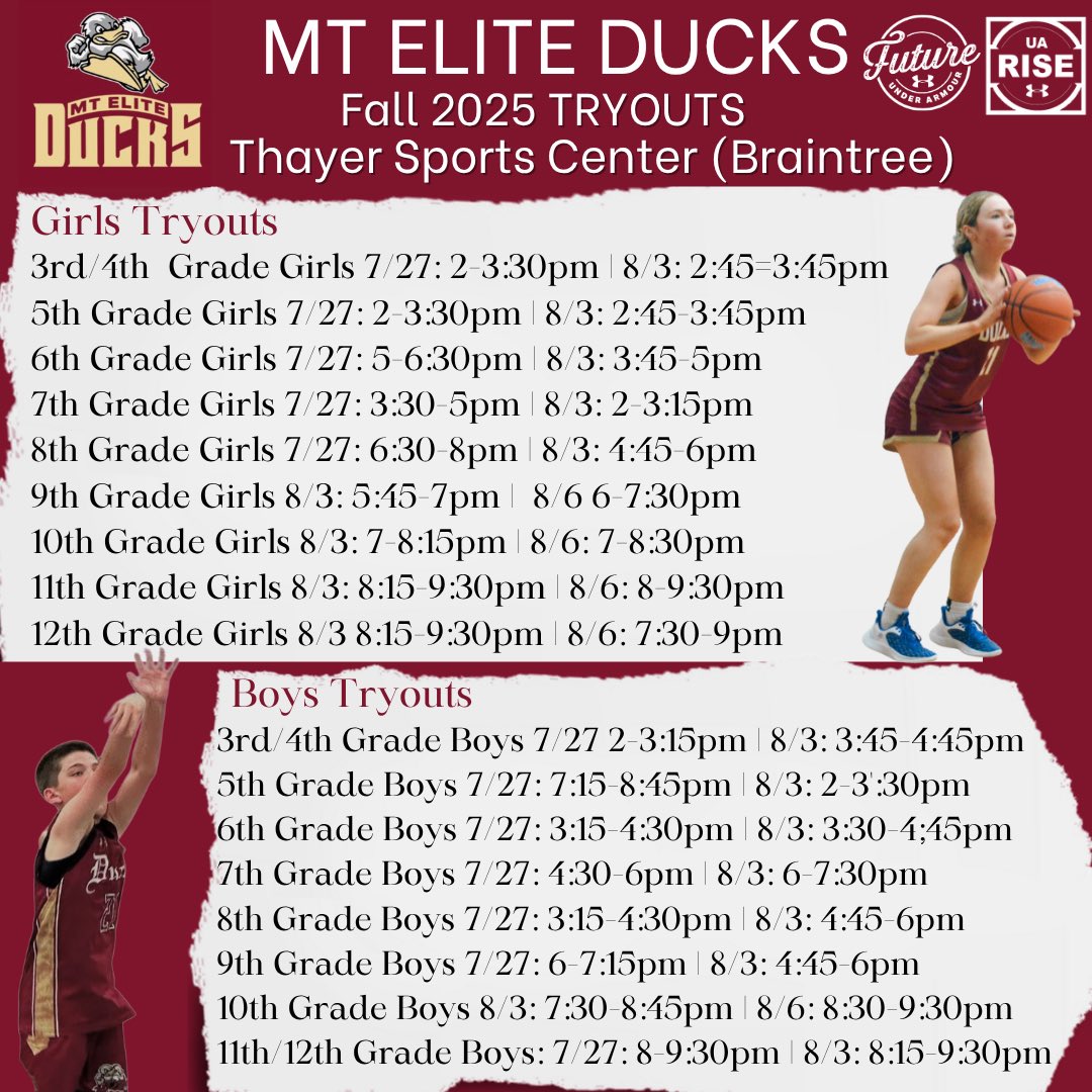 MTEliteDucks's tweet image. Tryouts begin this Sunday, 7/27!
MTE Ducks Fall AAU Tryouts
Girls & Boys 3rd-12th grade
Under Armour, Select, Regional & Developmental teams!
Teams practicing at Thayer & Starland
Register Today: register.mteliteducks.net/site/register/…
#MTEDFamily #WhereDevelopmentandEnjoymentcomeFirst