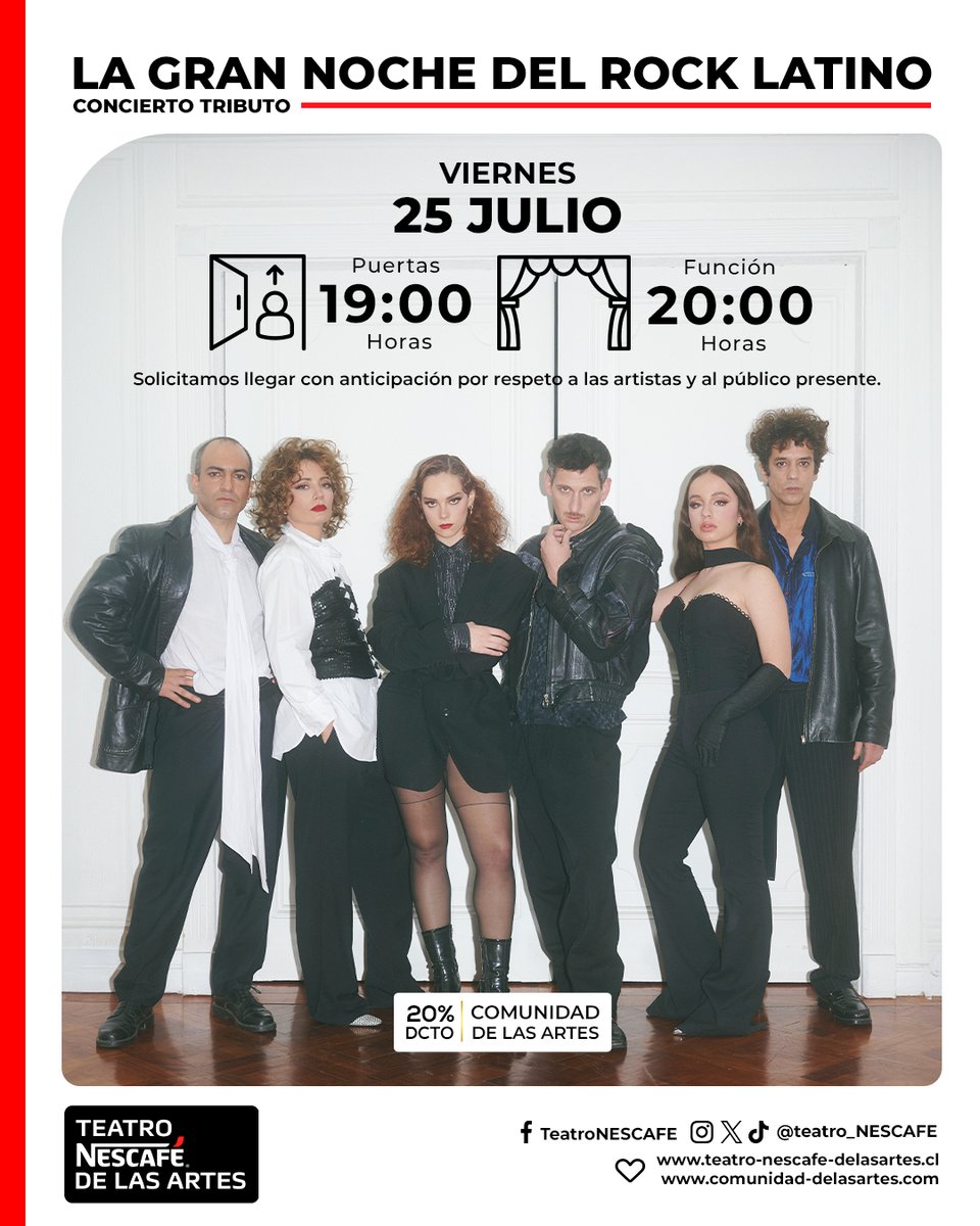 🎸 ¡HOY! La gran noche del rock latino 📅 Viernes 25 de julio

⏰ Puertas: 19:00 / Concierto: 20:00 H
🎟 20% Dcto Comunidad de las Artes, vía Ticketmaster.cl y sin recargo en boleterías del Teatro
📌 Se solicita llegar con anticipación