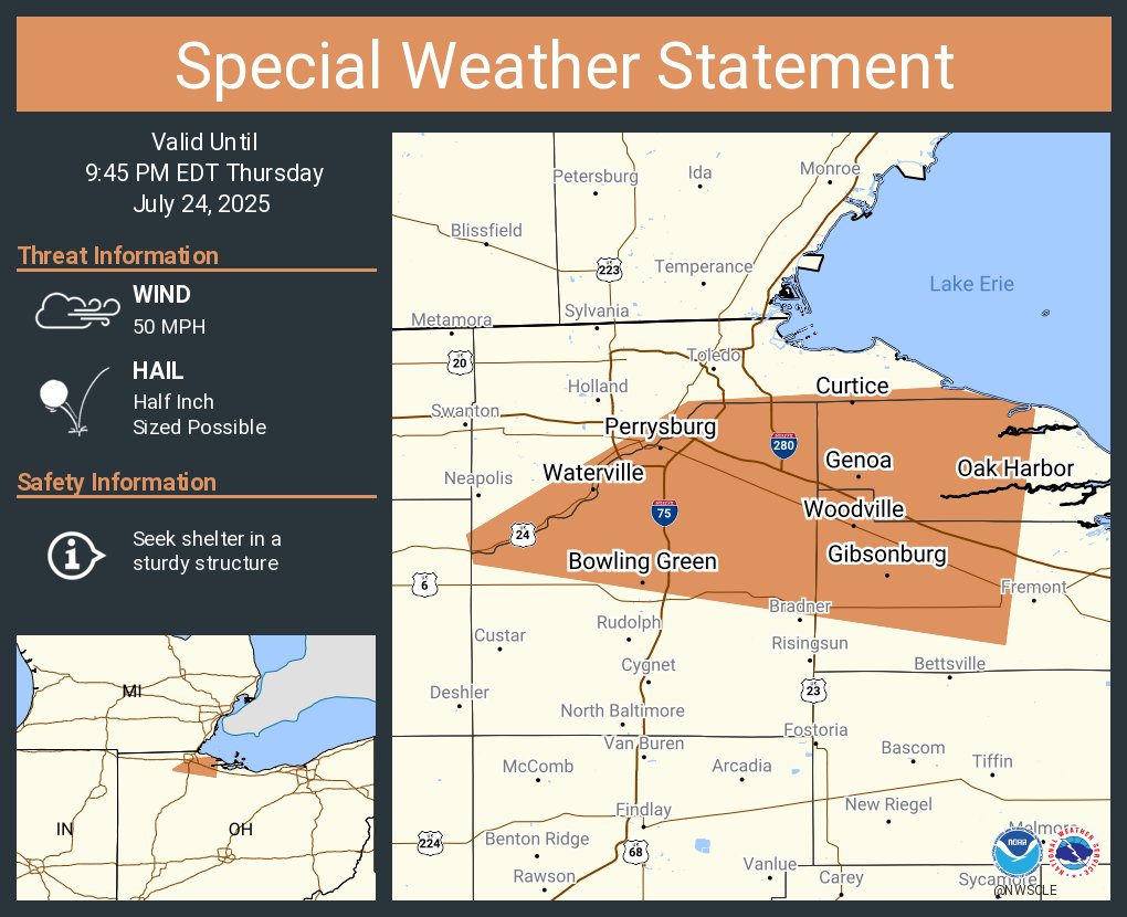 NWSCLE's tweet image. A special weather statement has been issued for Bowling Green OH, Perrysburg OH and Maumee OH until 9:45 PM EDT
