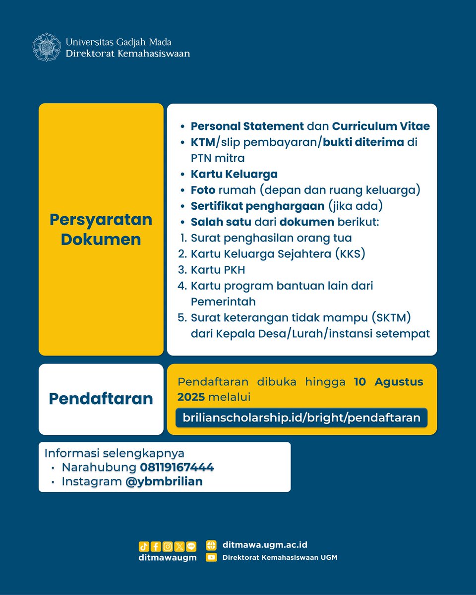 ditmawaugm's tweet image. Info Beasiswa Bright Scholarship 💡
Kabar gembira bagi Gadjah Mada Muda! YBM BRILiaN membuka pendaftaran Bright Scholarship untuk mahasiswa S1/D4 Semester 1. Selain dukungan finansial, kamu juga berkesempatan mendapatkan dukungan student exchange & mengikuti kompetisi…