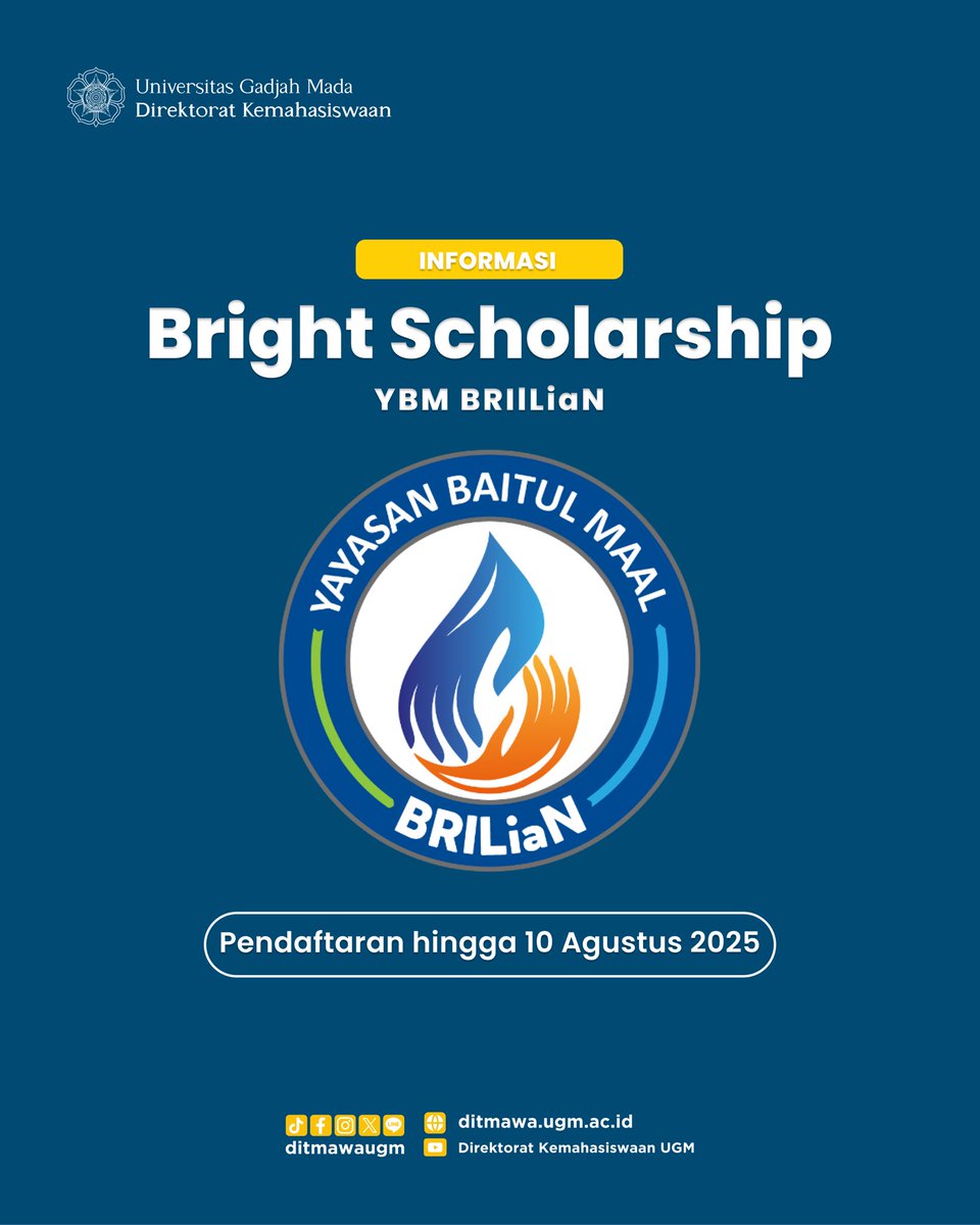ditmawaugm's tweet image. Info Beasiswa Bright Scholarship 💡
Kabar gembira bagi Gadjah Mada Muda! YBM BRILiaN membuka pendaftaran Bright Scholarship untuk mahasiswa S1/D4 Semester 1. Selain dukungan finansial, kamu juga berkesempatan mendapatkan dukungan student exchange & mengikuti kompetisi…