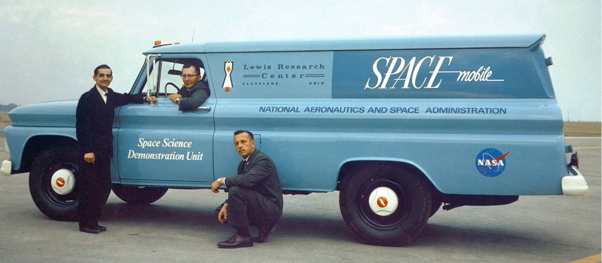 One of Nasa's first #fieldmarketing teams. 

In this Nov. 1, 1964, image, three members of NASA’s Lewis Research Center’s Educational Services Office pose with one of the center’s Spacemobile space science demonstration units.

Vehicles included a delegated speaker, exhibits,