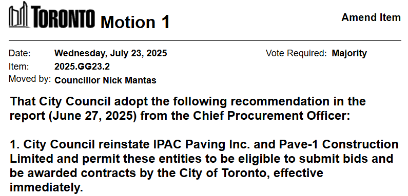 TorontoCouncil's tweet image. Councillor Mantas has moved a motion on Item GG23.2 - Request to Review Supplier Suspensions and Reinstate IPAC Paving Limited and Pave-1 Construction Limited secure.toronto.ca/council/agenda…  #tocouncil