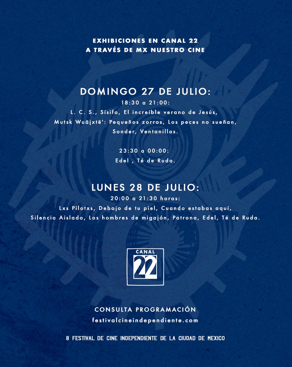 No te pierdas las transmisiones de MX Nuestro Cine (<a href="/mxnuestrocine/">Canal MX Nuestro Cine</a>) a través de <a href="/Canal22/">Canal 22 México</a> con la presentación de diversos cortometrajes de la selección oficial del #8FECIMX.

Señal 22.2 | Sky 1278 | Izzi 481 | Dish 304 | StarTV 148 | Totalplay 497 | Megacable 125