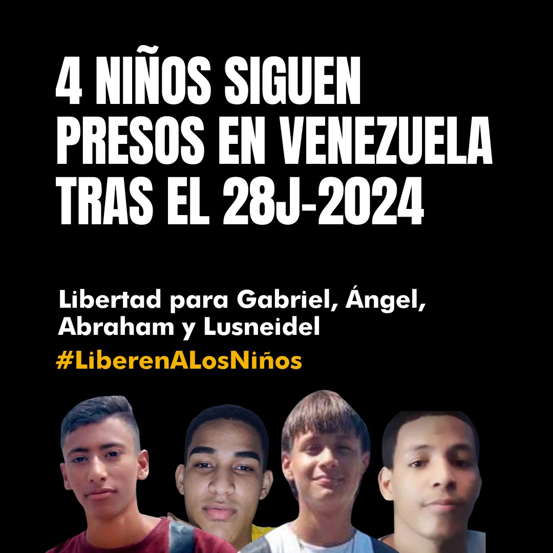 _Provea's tweet image. En Venezuela hay 4 adolescentes injustamente presos:
Gabriel Rodríguez (16), Ángel González (17), Abraham Rivero (16) y Lusneidel Zuñica (17). Acusados de terrorismo, aislados y sin juicio.
El Estado venezolano mantiene a estos 4 niños tras las rejas por motivos políticos, sin…