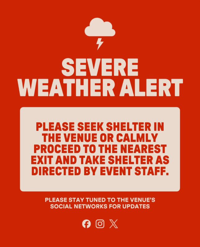 budweiserstage's tweet image. Due to impending severe weather tracking toward the venue, we will be pausing the show until further notice.
Please follow the direction of the venue staff and stay tuned to our social media channels for further updates. Thank you for your cooperation.