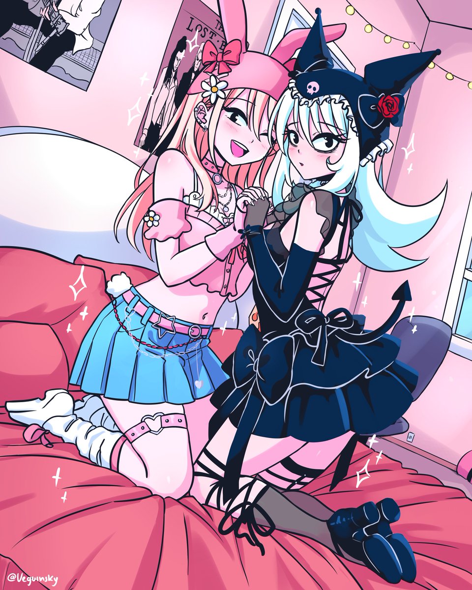 Veguinsky's tweet image. I'm bringing you this drawing of Dina and Maria cosplaying as My Melody and Kuromi 🩷🖤 to celebrate the premiere of the new series. I hope you like it! There are also some lingerie alts 🤭
#mymelody #kuromi #sanrio