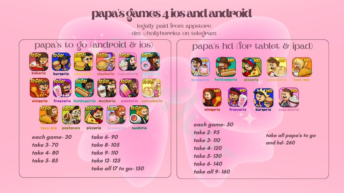 mikikprms's tweet image. dm to avail po ^^

wts lfb ph papa's games affordable legally paid ios android to go hd bakeria, burgeria, cheeseria, cluckeria, cupcakeria, donuteria, wingeria, freezeria, hotdogerria, mocharia, paleteria, pancakeria, taco mia, pastareia, pizzeria, scooperia, sushiria