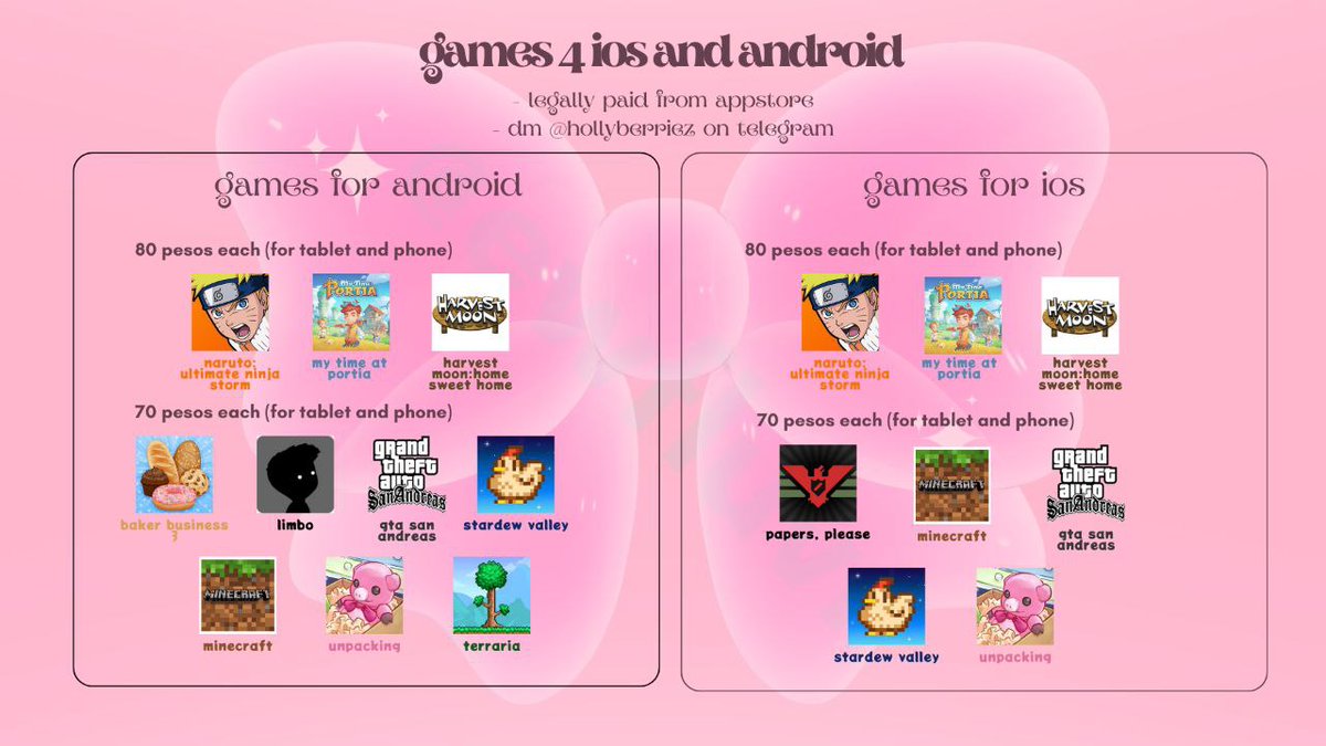 mikikprms's tweet image. avail na pooo

wts lfb lf ph android ios mura paid apps games legit naruto my time at portia harvest moon baker business limbo gta grand theft auto an andreas stardew valley minecraft unpacking terraria papers please poppy playtime fnaf sally's spa little nightmares balatro