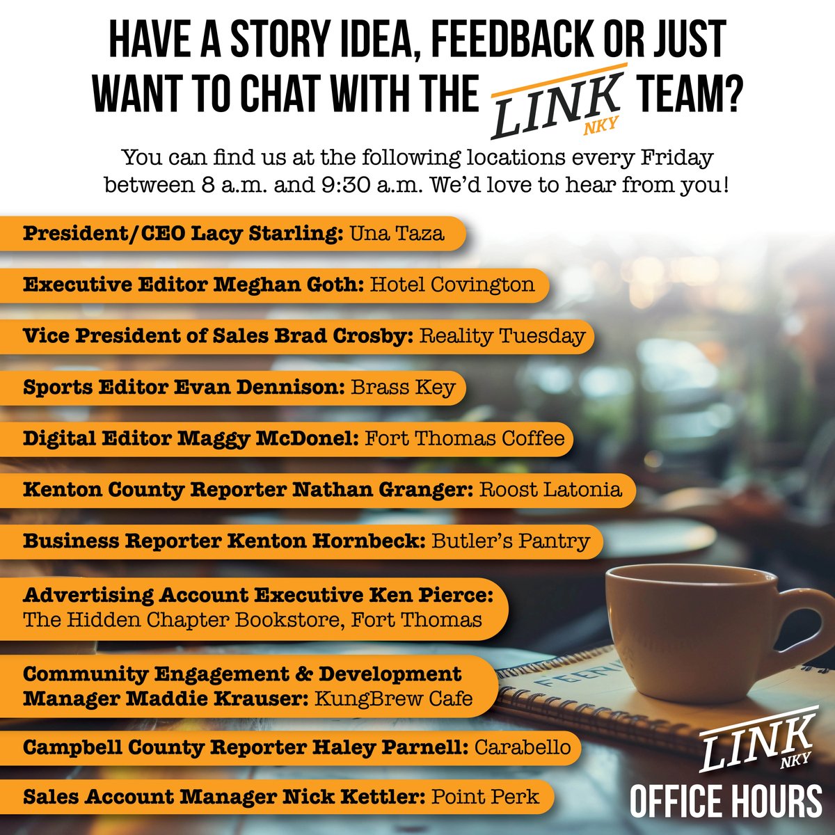 Linknky's tweet image. Come hang out with some of our LINK team members during our weekly office hours on Friday from 8 to 9:30!