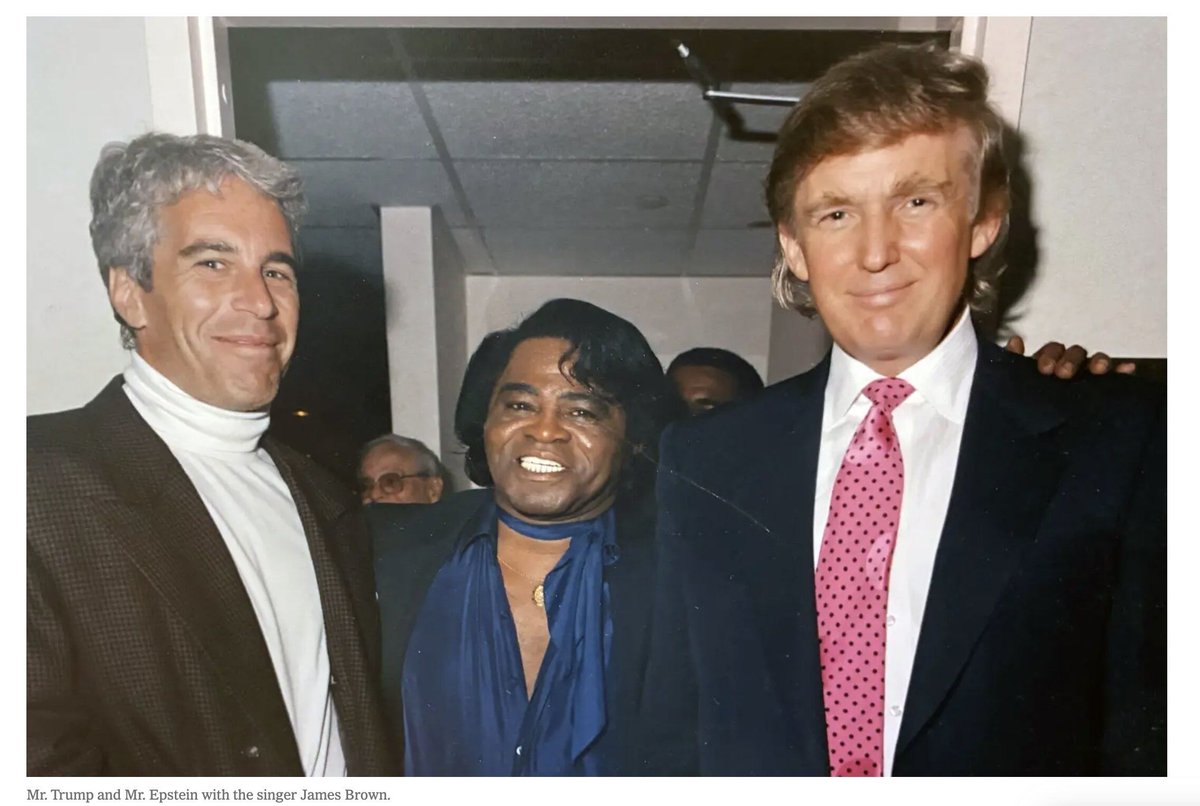 TrumpFile's tweet image. New photo of Donald Trump and Jeffrey Epstein, pictured with singer James Brown.