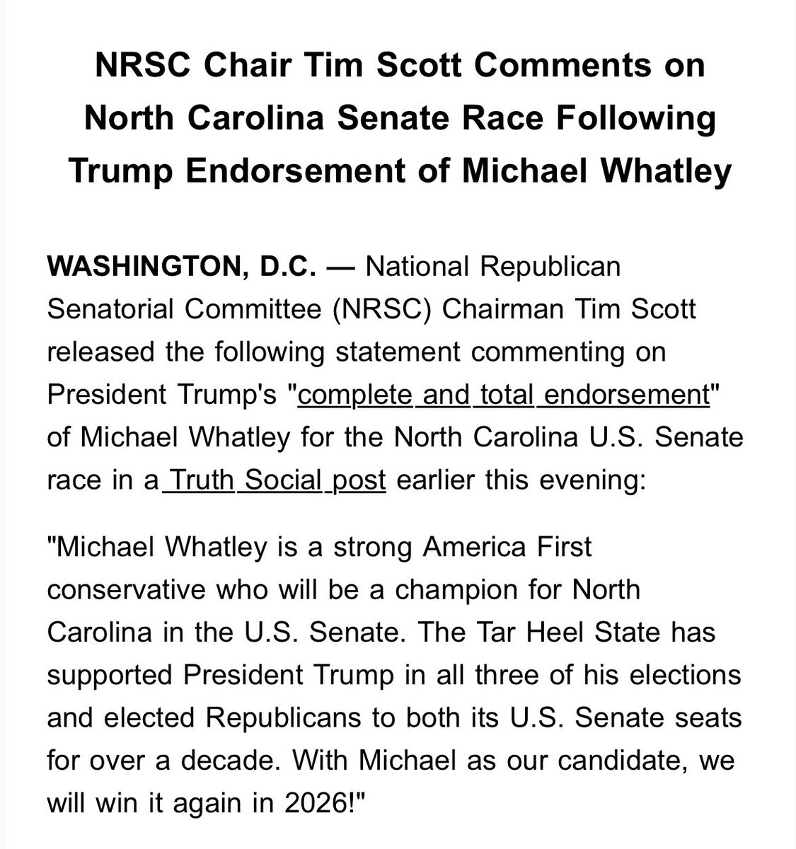 NenoNicolosio's tweet image. NRSC Chairman Tim Scott and the GOP campaign arm are behind RNC Chairman Michael Whatley’s campaign for the open #NCSEN seat
The NRSC and Trump are backing two Mikes in open Senate races in 2026: Mike Rogers in Michigan and Whatley in North Carolina
