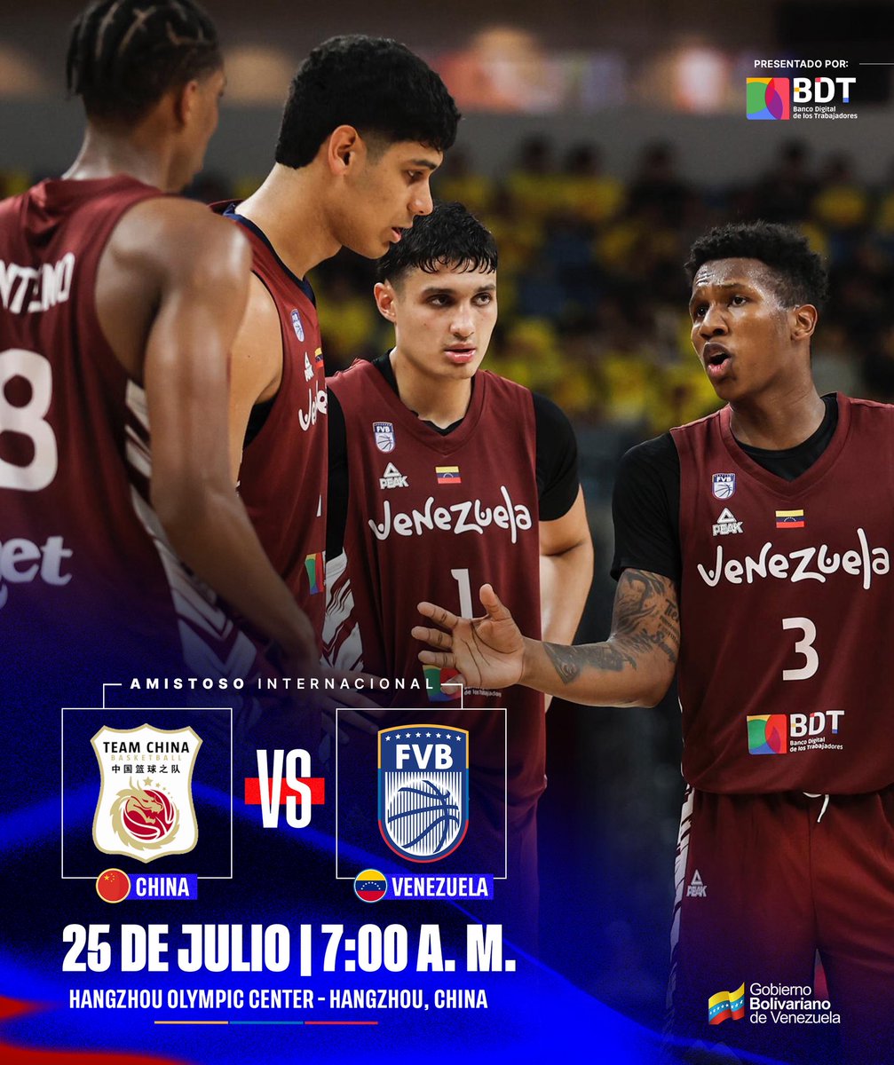 FVBbasketball's tweet image. 🇻🇪❤️ Segundo de la gira en Hangzhou. ¡Juntos somos más!
🆚 China 🇨🇳
🕐 7:00 a. m. 🇻🇪 / 7:00 p. m. 🇨🇳
📍Hangzhou Olympic Center, Hangzhou.
🤝 Amistoso internacional.
💻📺 Transmisión: CCTV.
Presentado por @BancoDigitalT.
#JuntosSomosMás
