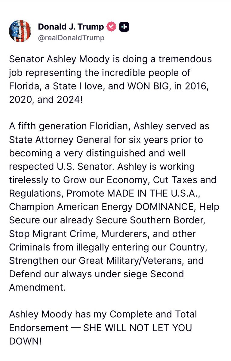President Trump has endorsed Ashley Moody in the 2026 Florida U.S. Senate election.

She was appointed by Governor Ron DeSantis earlier this year to fill Marco Rubio’s vacant seat.