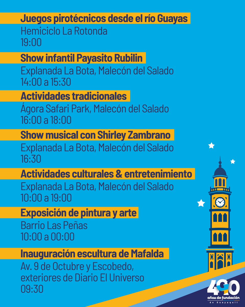 Guayaquil celebra sus 490 años con cultura, música, deporte y actividades para toda la familia. Aún estás a tiempo de unirte a esta gran fiesta que ha encendido cada rincón de la ciudad. 🥳