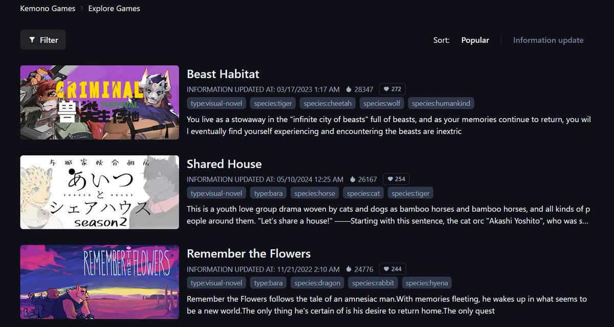 rfcah_f's tweet image. I wonder if sites like Kemono Games or Furry Games Index can be used as a temporary way to browse/find furry VNs amid the itch situation