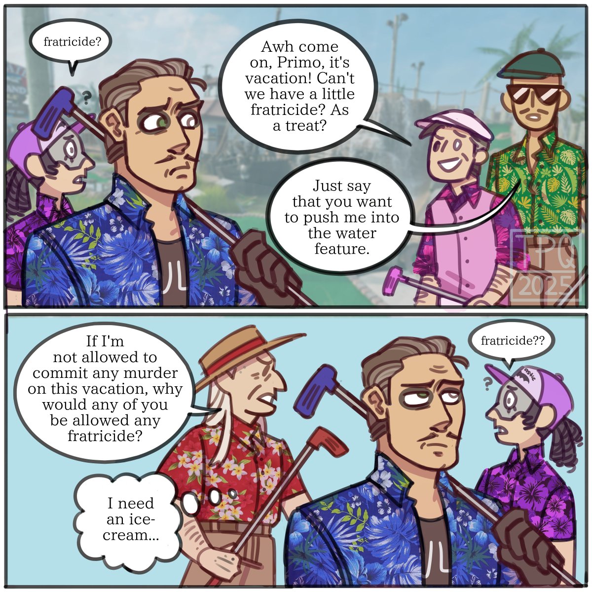 flyinlaboratory's tweet image. vacation comic featuring the Emeritus crew :] #thebandghost for the record, Secondo wins and Terzo gets last place. Copia does lose a ball in the pond