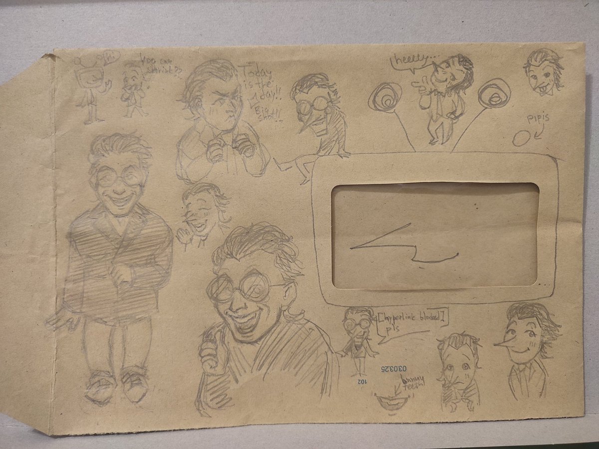 c12hydro22oxy11's tweet image. I don&apos;t have any paper to draw on at the moment so i made some #Spamton sketches on an old used mail envelope. Do you fuck with human Spamton being a little person headcanon?