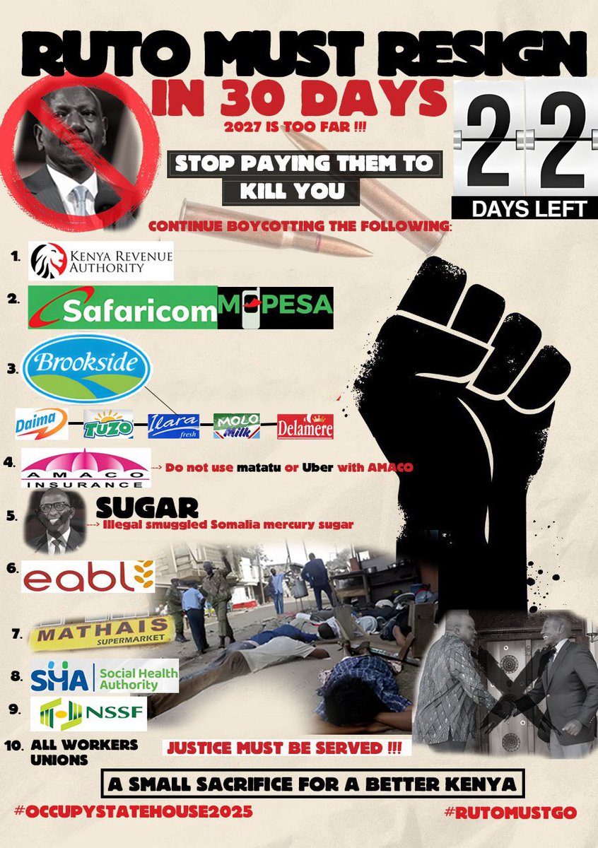 FGaitho237's tweet image. RUTO MUST RESIGN IN 30-DAYS:
22-Days left and counting.
🔴 Boycott Safaricom/M-Pesa
🔴 Boycott Brookside Products
🔴 Boycott Amaco Insurance
🔴 Boycott EABL
🔴 Boycott Mathai Supermarket
🔴 STOP NSSF/SHA/PAYE DEDUCTION
🔴 STOP WORKER UNION DEDUCTION
‼️WARNING‼️…