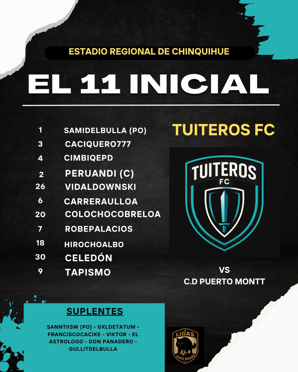 Tuiteros_Fc's tweet image. Con el auspicio de @LigasGatoNegro Presentamos el 11 inicial para enfrentar a @DPMChile por la fecha 10 del campeonato de ascenso.
#VamosTuiteros