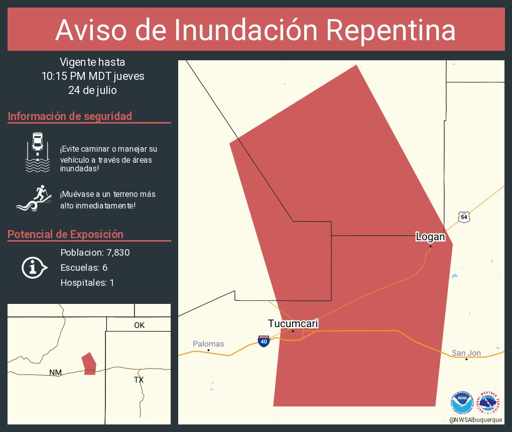 Aviso de Inundación Repentina incluye Tucumcari NM, Logan NM hasta las 10:15 PM MDT