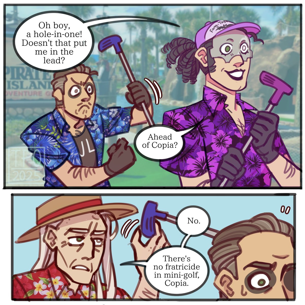 flyinlaboratory's tweet image. vacation comic featuring the Emeritus crew :] #thebandghost for the record, Secondo wins and Terzo gets last place. Copia does lose a ball in the pond