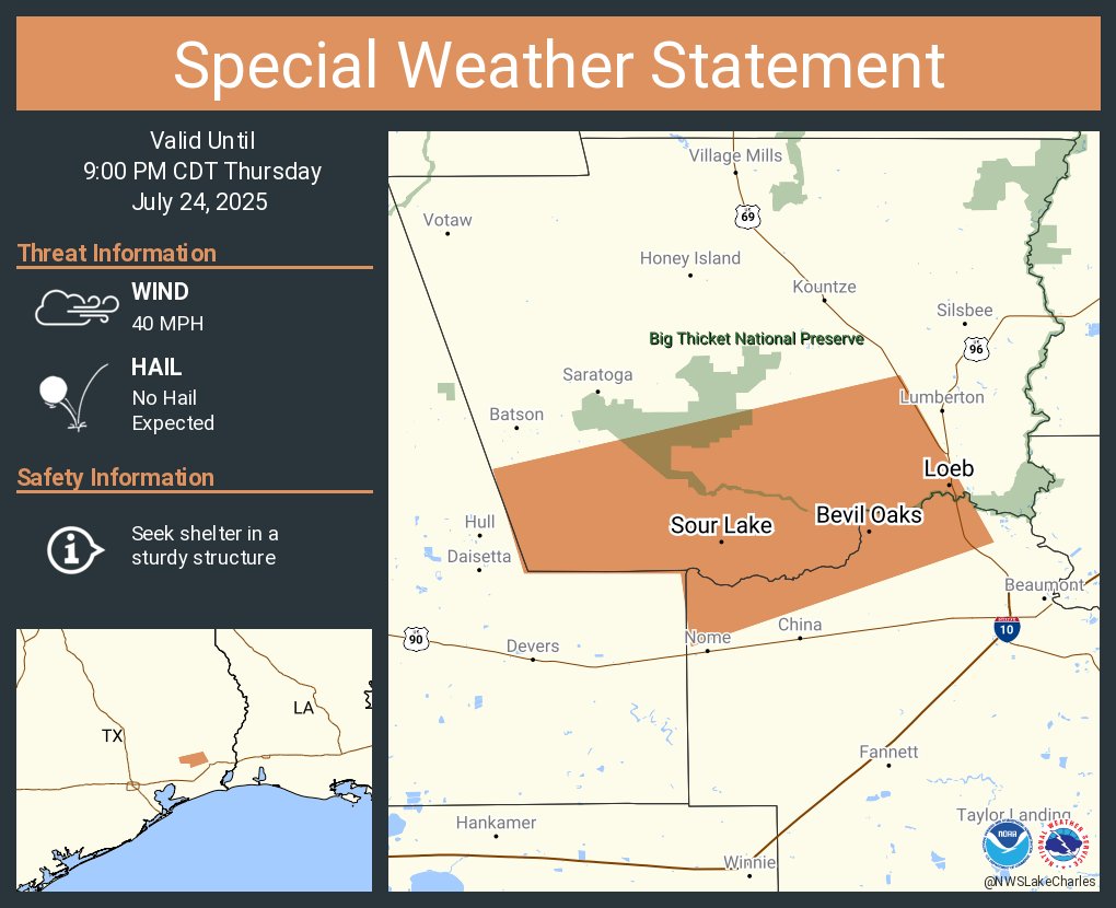 NWSLakeCharles's tweet image. A special weather statement has been issued for Sour Lake TX, Bevil Oaks TX and Grayburg TX until 9:00 PM CDT