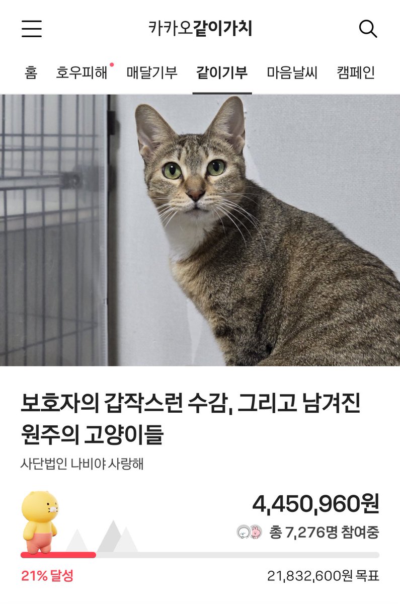 #RT 부탁드립니다!
모금 기한이 얼마 남지 않아 많은 분들의 관심이 필요합니다.

#카카오같이가치 로 도와주세요💛
together.kakao.com/fundraisings/1…