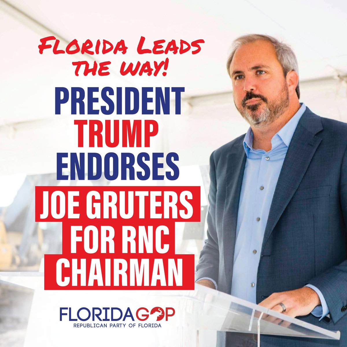 Florida leads the way! President <a href="/realDonaldTrump/">Donald J. Trump</a> just gave his Complete and Total Endorsement to <a href="/JoeGruters/">Joe Gruters</a> for RNC Chairman.

As our former Chairman, we know he has what it takes to bring the <a href="/GOP/">GOP</a> to new heights. He’s proven, tested, and ready to lead!