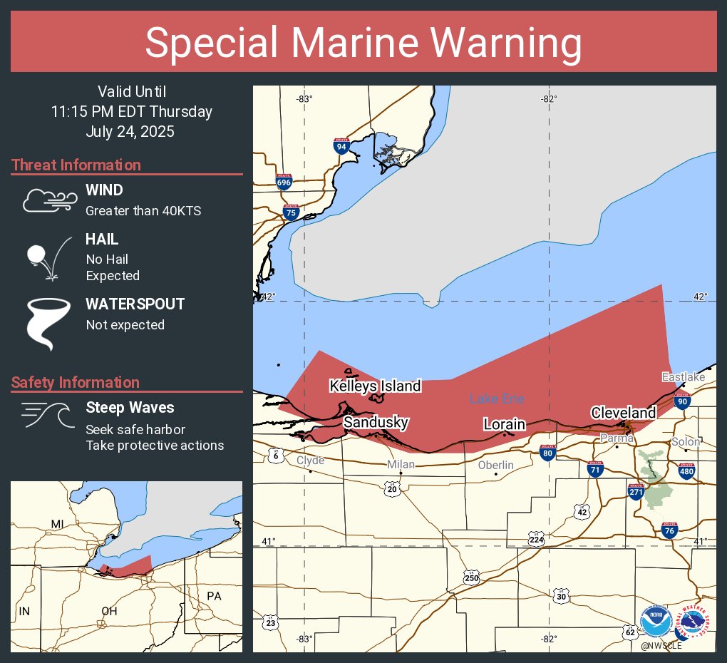 NWSCLE's tweet image. Special Marine Warning including the Avon Point to Willowick OH beyond 5 nm off shoreline to US-Canadian border, Vermilion to Avon Point OH beyond 5 nm off shoreline to US-Canadian border, Reno Beach to The Islands OH and The Islands to Vermilion OH until 11:15 PM EDT