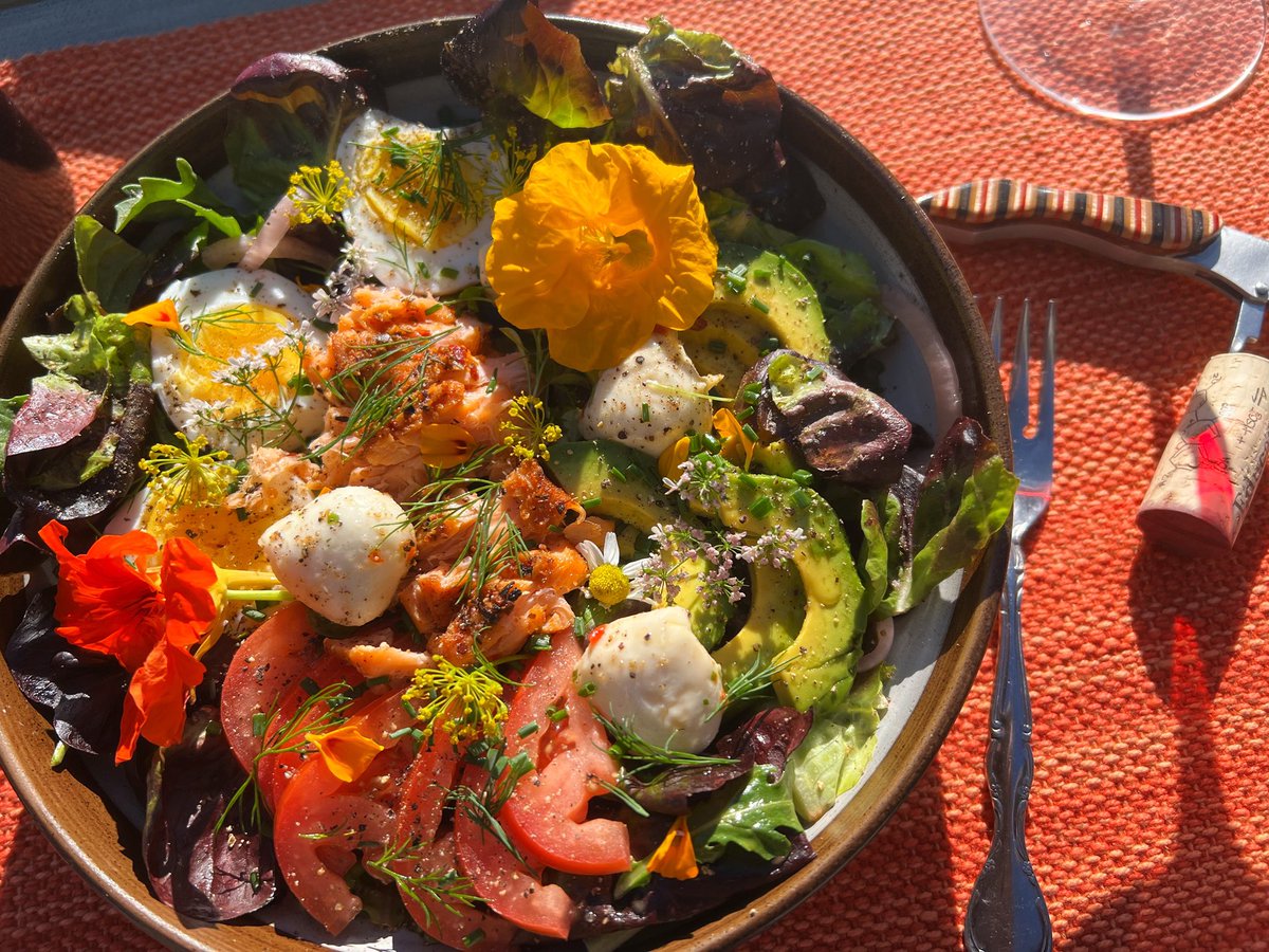 NGB2020's tweet image. Garden greens and things. Some stuff from the garden and some from the store #garden #salad #wine #veggies