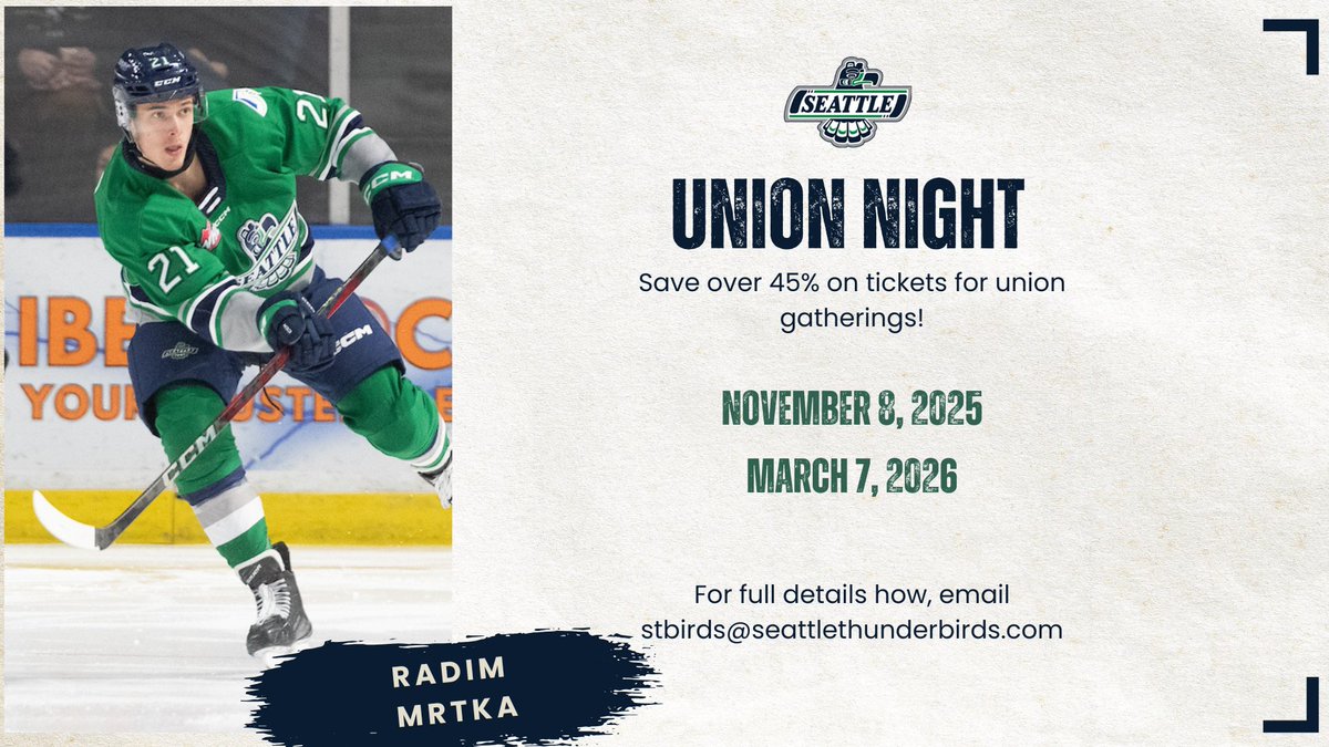 SeattleTbirds's tweet image. Get together with your Brothers and Sisters for a fun night of T-Birds hockey!
For more details about Union Night email us at stbirds@seattlethunderbirds.com