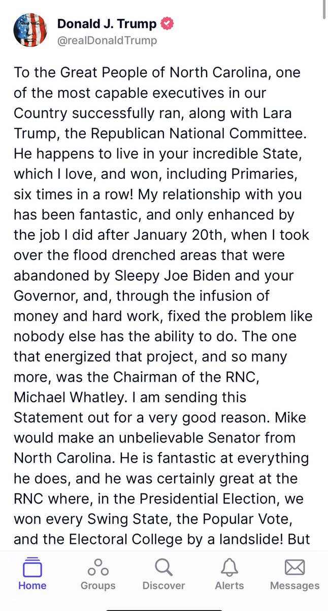 JoeBrunoWSOC9's tweet image. President Donald Trump officially endorsed Michael Whatley for #ncsen.
Here is his full statement on Truth Social: To the Great People of North Carolina, one of the most capable executives in our Country successfully ran, along with Lara Trump, the Republican National…