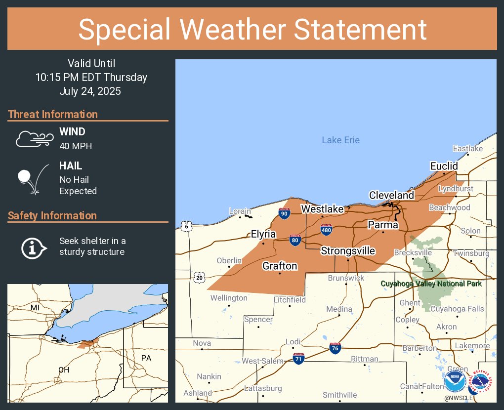 NWSCLE's tweet image. A special weather statement has been issued for Cleveland OH, Parma OH and Elyria OH until 10:15 PM EDT