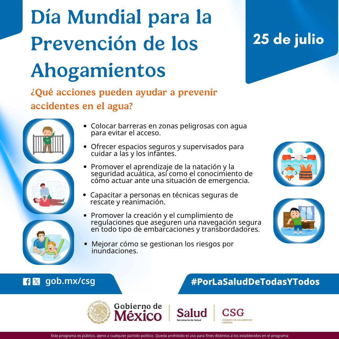 DeSalubridad's tweet image. 🗓️25 de julio | Día Mundial para la prevención de los Ahogamientos
El ahogamiento ocurre de forma rápida y silenciosa, puede prevenirse mediante la educación 🏊, la supervisión constante en el agua 🛟 y el acceso a medidas básicas de seguridad 🎒.
#PorLaSaludDeTodasYTodos