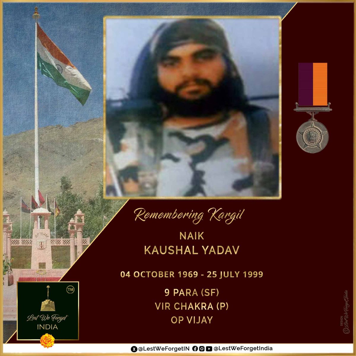 LestWeForgetIN's tweet image. 26 years of #Kargil

#LestWeForgetIndia🇮🇳 Naik Kaushal Yadav, Vir Chakra (P), 9 PARA (SF) &amp;amp; his supreme sacrifice after neutralising five of the enemy #OnThisDay 25 July in 1999.

The gallant action of this #IndianBrave led to the capture of Zulu Top

Nk Yadav was the squad…