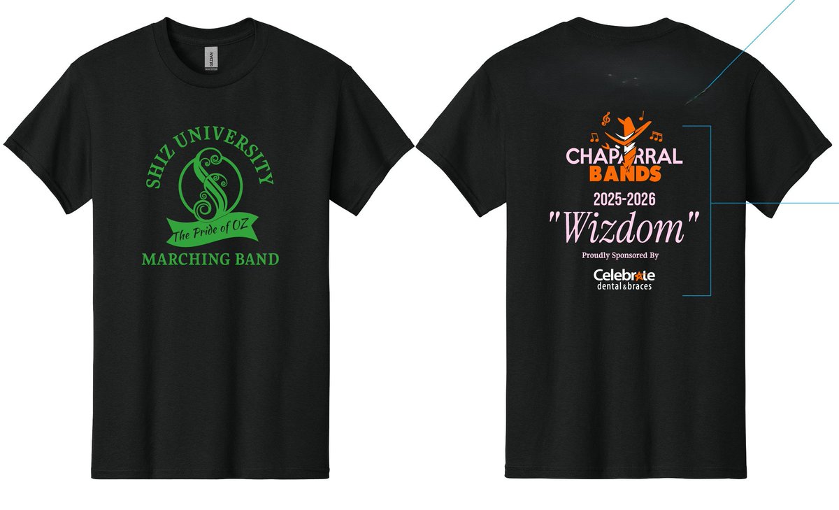 It is time to order show shirts for our Marching Band. This year our show is entitled "Wizdom" featuring the music from the hit musical "Wicked" you can preorder a shirt for a very limited time- now until Tuesday morning. Adult men's sizes S-4X. $20 each. Email jensed@nv.ccsd.net
