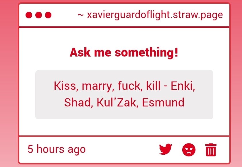 GaurdofIrene's tweet image. Another one and only men interesting?? Hmmm, well, Marry is simple, Esmund. Fuck Kul’Zak Kill or Kiss Shad or Enki pick which answer you like more.