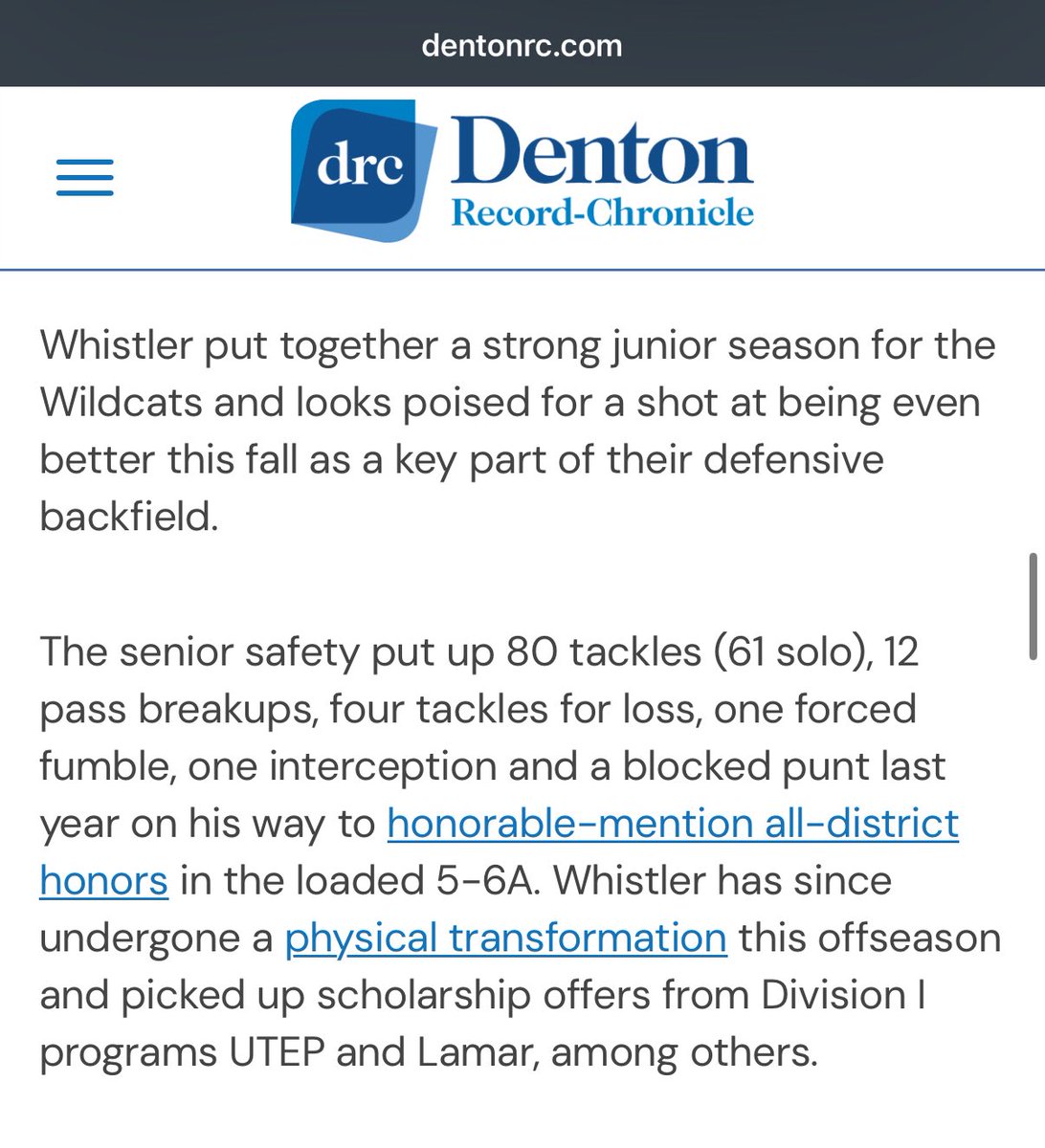 Owen Whistler (@owenwhistler22) on Twitter photo Appreciate being recognized as one of the top 5 safeties in the Denton area. Big thanks to my coaches, teammates, and everyone pushing me to grow. More work ahead and <a href="/DentonGuyer_FB/">Denton Guyer Football</a> will be making a run for State. Best D in Texas!
<a href="/ReedHeim/">Coach Heim</a> <a href="/mike_gallegos16/">Mike Gallegos</a> <a href="/kylekeese/">Kyle Keese</a> Appreciate being recognized as one of the top 5 safeties in the Denton area. Big thanks to my coaches, teammates, and everyone pushing me to grow. More work ahead and <a href="/DentonGuyer_FB/">Denton Guyer Football</a> will be making a run for State. Best D in Texas!
<a href="/ReedHeim/">Coach Heim</a> <a href="/mike_gallegos16/">Mike Gallegos</a> <a href="/kylekeese/">Kyle Keese</a>