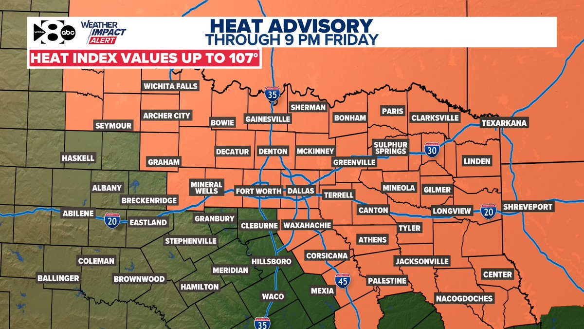 JesseWFAA's tweet image. A Heat Advisory will be in effect again on Friday for heat index values up to 107°. Stay hydrated, limit time outdoors, and CHECK THE BACK SEAT. Friday is another WFAA Weather Alert Day.