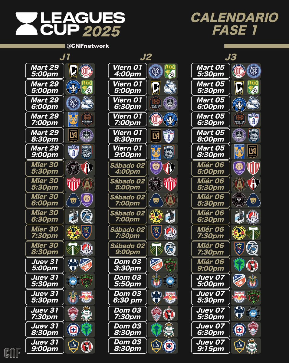 🏆LEAGUES CUP 2025
🗓️ 5 Days - Calendario 

Faltan 5 dias para el comienzo de la Nueva Edición de la Leagues Cup con el Nuevo formato de Liga.

Los 3 menores clubes en el torneo clasificaran a la CONCACAF Champions Cup 2026. 🇺🇸Columbus Crew actual Campeón.
