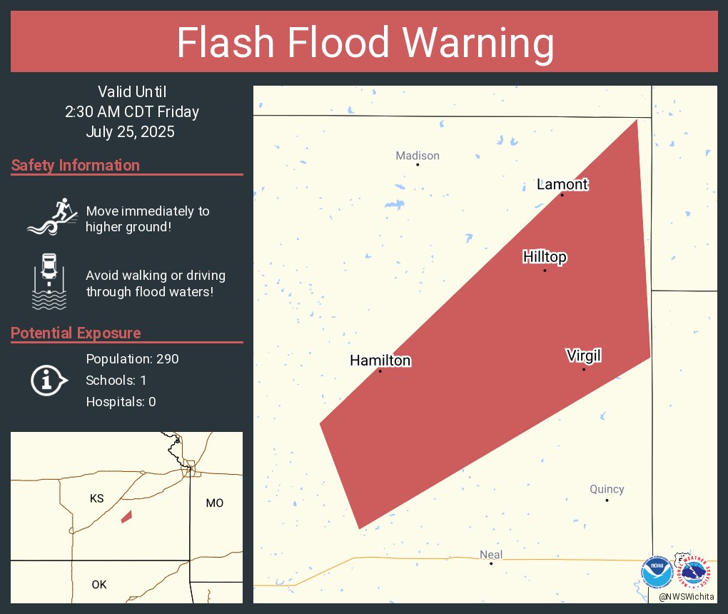 NWSWichita's tweet image. Flash Flood Warning including Hamilton KS, Virgil KS and Hilltop KS until 2:30 AM CDT