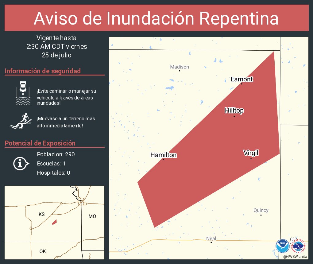 NWSWichita's tweet image. Aviso de Inundación Repentina incluye Hamilton KS, Virgil KS, Hilltop KS hasta las 2:30 AM CDT