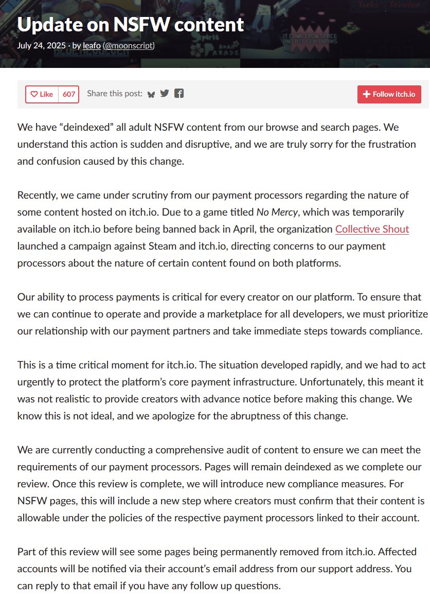 Alex (@planogaming) on Twitter photo It seems Itch is cleaning up content due to concern from payment processors
itch.io/updates/update… It seems Itch is cleaning up content due to concern from payment processors
itch.io/updates/update…