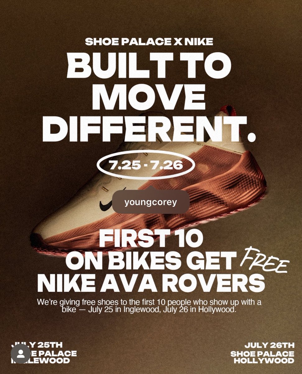 YoungCorey's tweet image. Giving away some of these new Nike Ava Rovers tomorrow with @ShoePalace in Inglewood! Pull up on your bike or just pull up to come hangout! We’ll be there from 10am - 12pm. See you thereeeee.