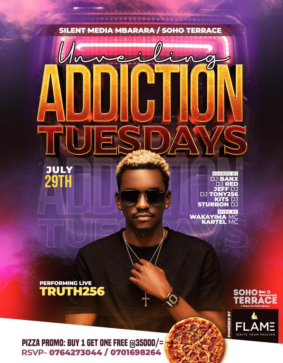 Unveiling some thing big in the land and the only certified Tuesday party around town at Soho Terrace #AddictionTuesdays and we are hosting Truth 256 this very Tuesday 29th July . Jam in and we chew this party.🎊💪💫🏟