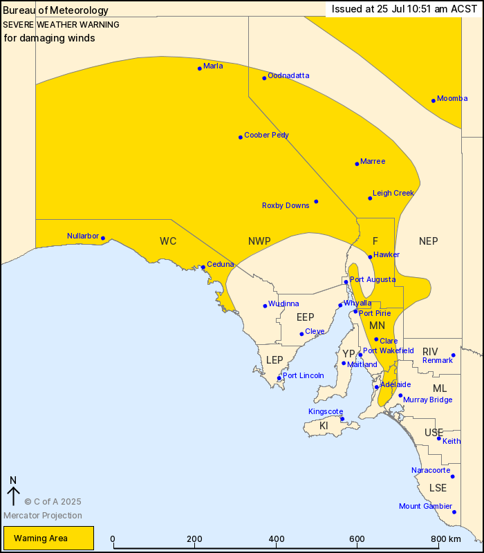 .<a href="/BOM_SA/">Bureau of Meteorology, South Australia</a> has updated a Severe Weather Warning ⚠️ for DAMAGING WINDS 💨 West Coast, Flinders, Mid North, NW Pastoral, Mount Lofty Ranges, NE Pastoral, Murraylands.

Issued 10:51am 25 July 2025
bom.gov.au/products/IDS21…