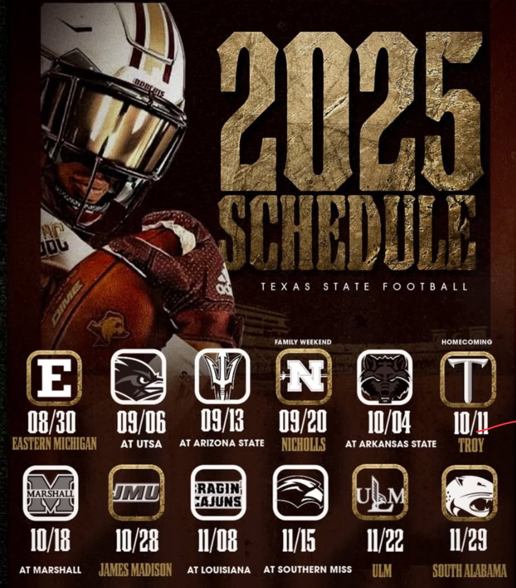 TXSTGameFlow's tweet image. Predictions!
Week 1: Eastern Michigan = W
Week 2: UTSA = W
Week 3: Arizona State = L (Close)
Week 4: Nicholas = W
Week 5: ASU = W
Week 6: Troy = W
Week 7: MU = W
Week 8: JMU = W
Week 9: Louisiana = W
Week 10: USM = W
Week 11: ULM = W
Week 12: USA = W
@CollegeFlowGame